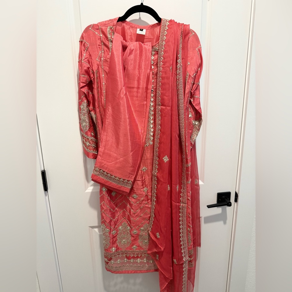 Embroidered pink coral suit